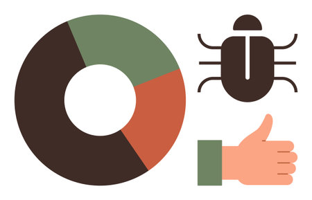 Circular chart, insect icon, and a thumbs-up hand representing data analysis, software testing, and debugging. Ideal for technology, quality control, software development, progress trackingのイラスト素材