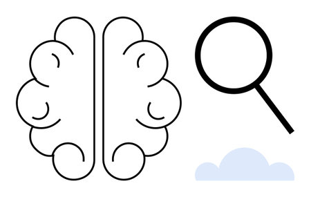 Brain sketch, magnifying glass, and cloud imagery signify knowledge, understanding, creativity, and exploration. Ideal for science, education, innovation research discovery growth learningのイラスト素材