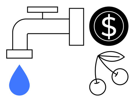 Water tap with blue droplet, black coin with dollar sign, and cherry pair with leaves. Ideal for resource management, finance, sustainability, value, agriculture, conservation simple flat metaphorのイラスト素材
