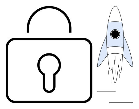 Padlock representing security paired with a rocket taking off, symbolizing innovation and progress. Ideal for technology, cybersecurity, speed, protection, creativity, startup cultureのイラスト素材