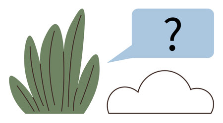 Green plant with thin leaves next to outlined cloud and question mark in a blue speech bubble. Ideal for curiosity, inquiry, environment, mystery, exploration, sustainable thinking, problem-solvingのイラスト素材