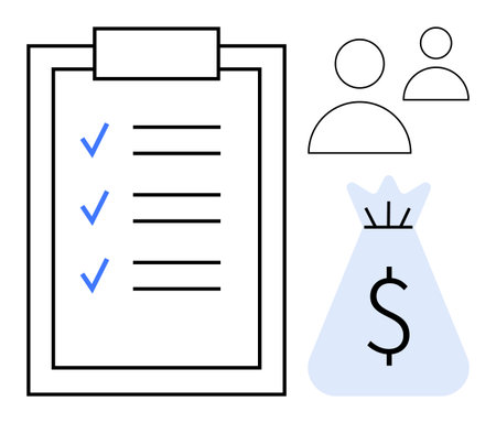 Checklist with three blue checkmarks, money bag with dollar symbol, and user icons suggesting task prioritization, budget planning, productivity, goal setting, project management. Ideal for financeのイラスト素材