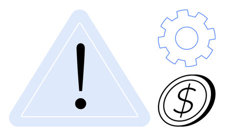Warning sign with exclamation mark, gear, and dollar coin symbolizing financial risk, operational efficiency, and economic caution. Ideal for safety, economics, management, problem-solvingのイラスト素材
