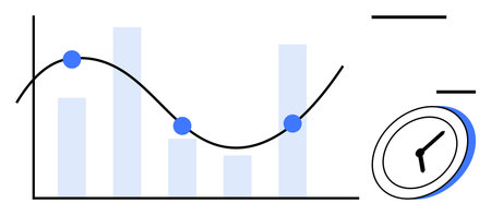 Line graph with data points atop bar chart beside a minimalist clock. Ideal for analytics, business, planning, strategy, efficiency, time management, progress tracking. Simple flat metaphorのイラスト素材