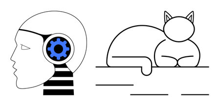 Robotic human head with blue gear symbolizing AI, automation sleeping cat for relaxation, simplicity, balance. Ideal for AI development, technology impact, balance, human-machine synergy, roboticsのイラスト素材