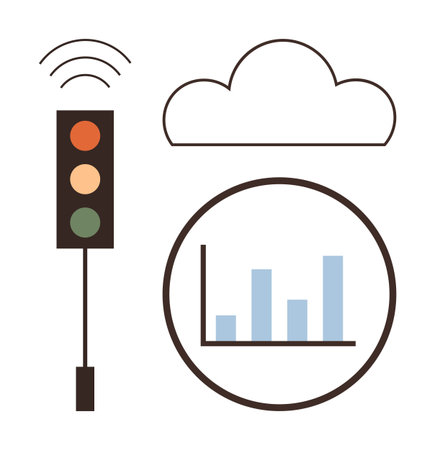 Traffic light with wireless signals, cloud icon, and bar chart. Ideal for smart city planning, technology, IoT, data integration, urban innovation traffic control analytics. Simple flat metaphorのイラスト素材