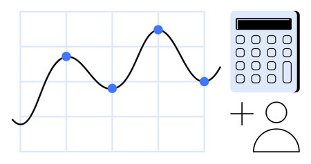 Line graph with plotted points, calculator, and abstract user figure. Ideal for finance, statistics, budgeting, business analysis, education accounting and data tracking. Simple flat metaphorのイラスト素材