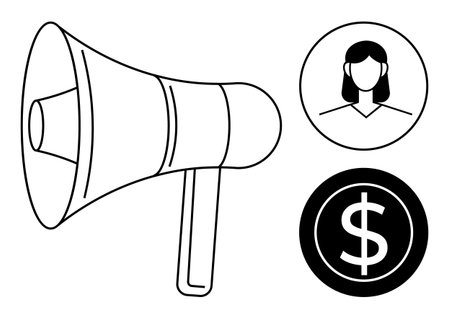 Megaphone, female user portrait, and dollar symbol form a triad suggesting promotion, customer engagement, and financial growth. Ideal for marketing, advertising, communication, sales audienceのイラスト素材
