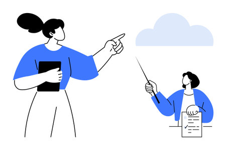 Two colleagues in discussion, one pointing at an idea, and another holding a document and pointing upward. Ideal for teamwork, planning, brainstorming, leadership, teaching, communication simpleのイラスト素材