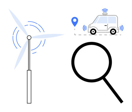 Wind turbine in motion, GPS-enabled electric car with signal, large magnifying glass. Ideal for renewable energy, innovation, research, technology, sustainability, transportation analytics themesのイラスト素材