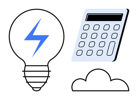 Lightbulb with a blue lightning bolt, digital calculator, and cloud. Ideal for innovation, tech solutions, data processing, cloud computing, efficiency, energy management simple flat metaphorのイラスト素材