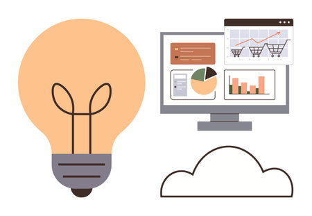 Light bulb symbolizing ideas alongside screen displaying e-commerce analytics, charts, and cloud element. Ideal for innovation, creativity, business, digital transformation, technology, data onlineのイラスト素材