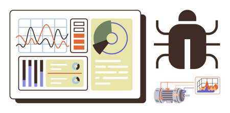 Data analysis interface with graphs and charts, bug detection visual, motor diagram. Ideal for technology, software performance, system monitoring, cybersecurity, analytics, automation simple flatのイラスト素材