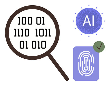 Magnifying glass with binary code, AI icon, and fingerprint with checkmark. Ideal for security, AI development, coding, technology, authentication identity innovation. Simple flat metaphorのイラスト素材