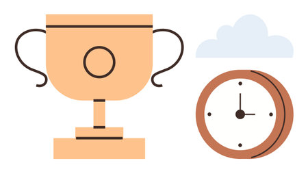 Golden trophy beside a clock under a cloud. Ideal for achievement, time management, goal setting, deadlines, success, productivity, and motivation concepts. Clean simple flat metaphorのイラスト素材