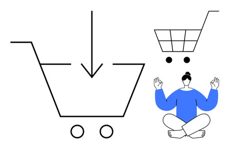 Large shopping cart with download arrow next to smaller cart and seated person meditating. Ideal for e-commerce, mindfulness, balance in consumerism, digital wellbeing, simplicity, focus, minimalismのイラスト素材