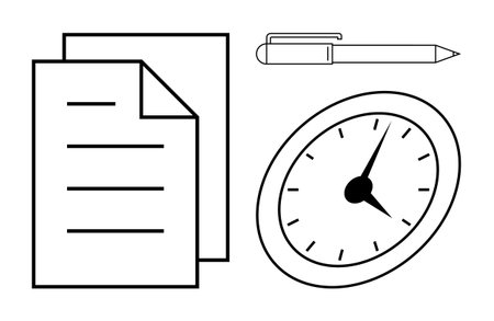Papers, pen, and clock symbolize time management, task scheduling, note-taking, deadlines, productivity, efficiency and planning. Ideal for work tasks academic projects schedules remindersのイラスト素材