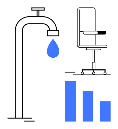 Faucet with water droplet, ergonomic office chair, and vertical bar chart representing conservation, productivity, and analysis. Ideal for efficiency, sustainability, workplace, data innovationのイラスト素材