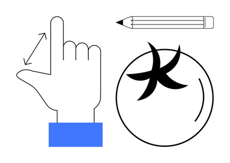 Hand making measurement gesture, pencil for creativity and writing, tomato with an abstract symbol. Ideal for design, education, agriculture, productivity, minimalism, measurement creative thinkingのイラスト素材