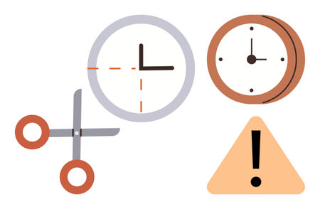 Clock with dotted cut lines, scissors, and warning sign representing time management, deadlines, urgency, and planning. Ideal for productivity, efficiency, work-life balance multitasking stressのイラスト素材