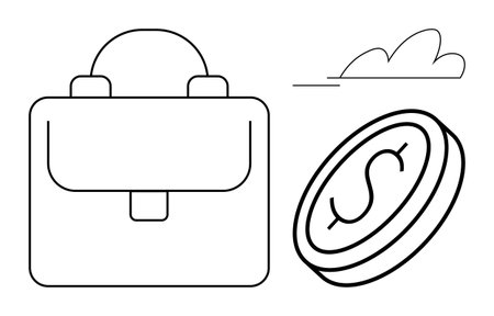 Briefcase and coin with dollar sign beside a simple cloud. Ideal for finance, entrepreneurship, career, investment, economy, savings, and success concepts. Clean simple flat metaphorのイラスト素材