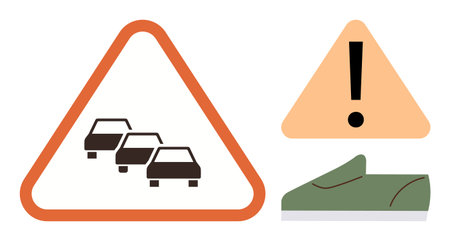 Set of triangular signs with traffic jam, exclamation mark, and shoe icons. Ideal for road safety, caution, hazard, driving awareness, pedestrian safety transportation accident prevention. Simpleのイラスト素材