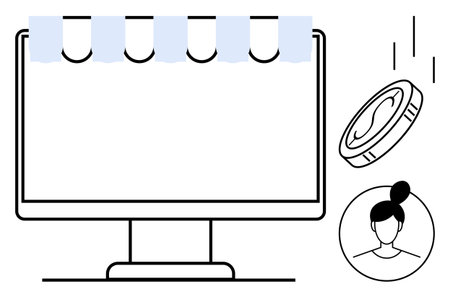 Monitor with shopfront awning, coin dropping in motion, and female user avatar portrait. Ideal for e-commerce, online shopping, customer interaction, payment systems, digital stores, user profilesのイラスト素材