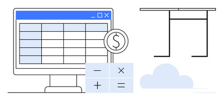 Computer screen with spreadsheet, finance symbol, calculator with operations, desk outline, and cloud. Ideal for finance, data, technology productivity remote work software online tools. Simpleのイラスト素材
