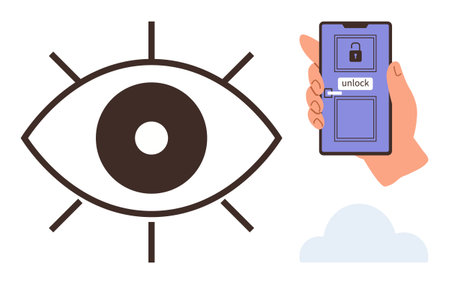 Eye graphic and hand holding phone unlocking via scan, representing secure login. Ideal for privacy, security, biometrics, technology, data access, identity verification, authentication conceptsのイラスト素材