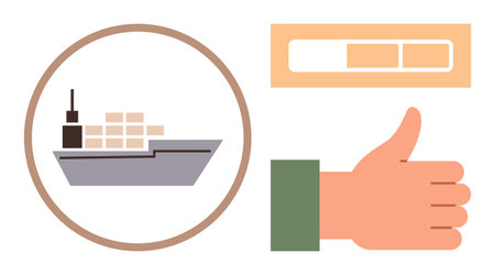 Container ship carrying goods, progress bar tracking shipment progress, and thumbs-up signalizing success. Ideal for logistics, shipping, international trade, efficiency, productivity, freightのイラスト素材