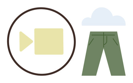 Stylized video camera in circle next to green pants and cloud. Ideal for media, streaming, creativity, fashion, technology, multimedia, and abstract themes. Simple flat metaphorのイラスト素材