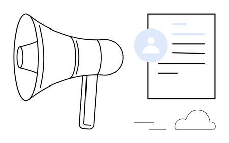 Megaphone next to a document with a profile icon emphasizing outreach, announcements, promotions, messages, recruitment, awareness campaigns, and broadcasting. Ideal for communication metaphorのイラスト素材