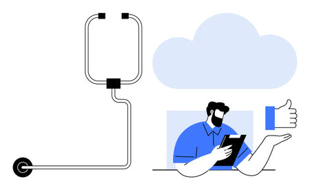 Man reviewing data on a tablet with a thumbs-up symbol, cloud icon, and cable elements. Ideal for communication, technology, feedback, cloud storage, networking, data management simple flat metaphorのイラスト素材