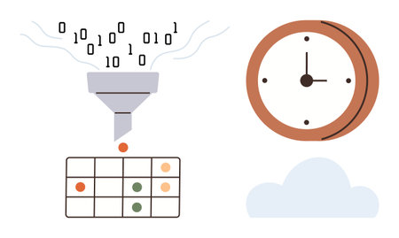 Binary code enters a funnel to output organized data in a table, accompanied by a clock and a cloud....
