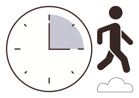 Clock showing partial time progress and walking figure suggesting movement or action. Ideal for time management, productivity, efficiency, goal-setting, task deadline, work-life balance, simple flatのイラスト素材