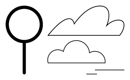 Magnifying glass alongside two outlined clouds and linear strokes. Ideal for search, discovery, observation, weather, mindfulness, simplicity, focus. Perfect for a simple flat metaphorのイラスト素材