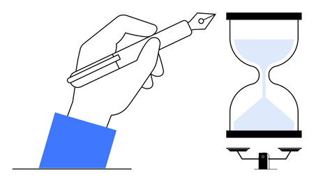 Hand holding a fountain pen beside an hourglass symbolizing writing, creativity, and time constraints. Ideal for productivity, planning, deadlines, efficiency, focus, organization and artisticのイラスト素材
