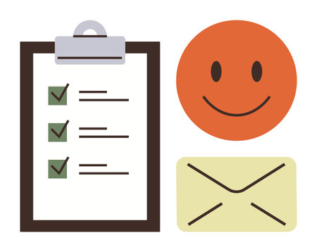 Clipboard with checklist, smiling face, and envelope conveying organization, positivity, communication. Ideal for productivity, task management, positive feedback, communication strategies teamworkのイラスト素材