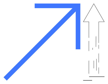 Bold blue upward arrow paired with sketched arrow and motion lines. Ideal for growth, progress, development, success, innovation, strategy, and achievement. Simple flat metaphorのイラスト素材
