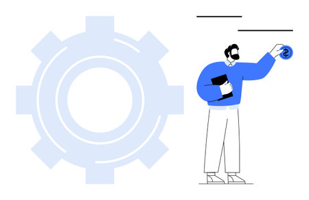 Businessman holding coin and documents next to large gear, symbolizing finance, efficiency, and productivity. Ideal for business, development, strategy, fintech, teamwork planning simple flatのイラスト素材