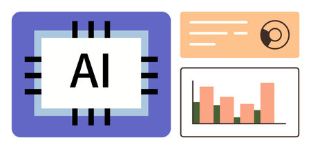 AI chip with black circuits, graph bars, pie chart, and data dashboard interface. Ideal for technology, innovation, data analysis, machine learning, artificial intelligence automation modernのイラスト素材