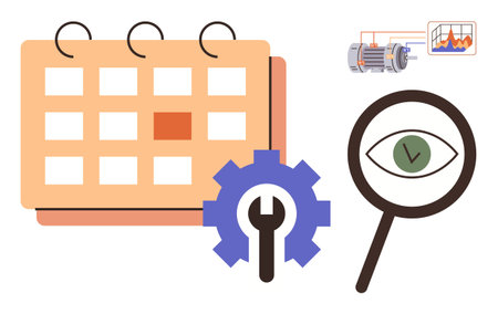 Calendar, magnifying glass with an eye, and gear. Small engine with data charts symbolizes planning, optimization, monitoring, and diagnostics. Ideal for organization, industrial planningのイラスト素材