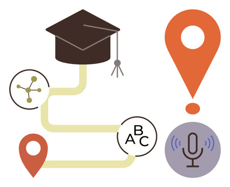 Graduation cap connected by pathway to icons of knowledge, technology, and communication. Ideal for education, e-learning, growth, knowledge sharing, academic progress, creativity simple flatのイラスト素材