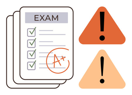 Exam paper stack with checklist, A grade, and warning exclamation marks in triangles. Ideal for education, testing, performance, awareness, risk assessment achievement learning strategies. Simpleのイラスト素材