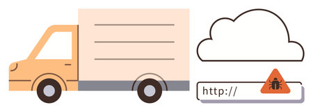 Delivery truck, cloud symbol, and malware warning in URL bar signifying cybersecurity threats, online safety, and risks in cloud storage. Ideal for logistics, technology, digital threats, internetのイラスト素材