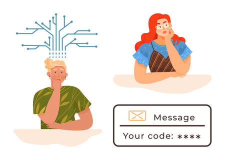 Two thoughtful individuals, one with digital circuit-thumbs up lines above, alongside a secured code message box. Ideal for technology, communication, cybersecurity, problem-solving, brainstormingのイラスト素材