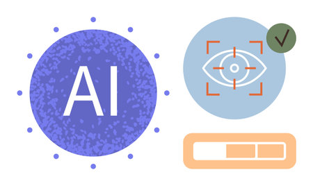 AI concept circle, eye inside recognition frame, progress bar, and checkmark. Ideal for technology, innovation, machine learning, computer vision, automation neural networks futuristic conceptsのイラスト素材