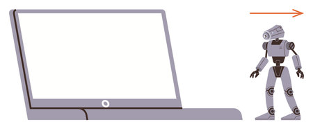 Humanoid robot walking away from a laptop. Ideal for artificial intelligence, innovation, robotics, future, technology evolution, research, education, simple flat metaphorのイラスト素材