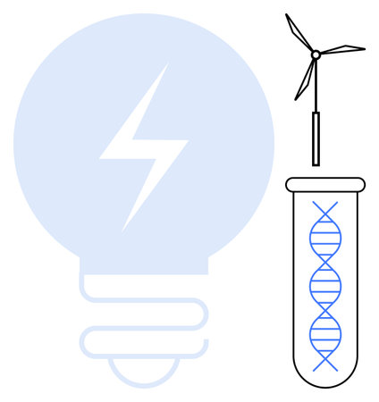 DNA strand in test tube next to wind turbine and light bulb with lightning bolt representing renewable energy, science. Ideal for innovation, sustainability, biotechnology, green energy, futureのイラスト素材