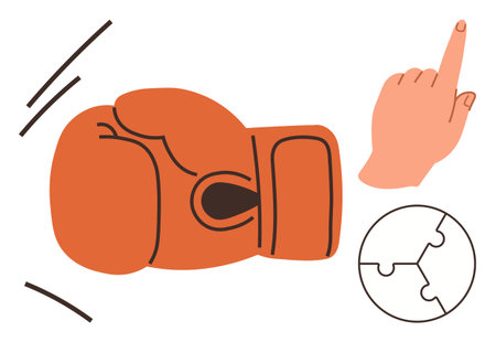 Boxing glove in action, pointing hand, puzzle globe illustrating conflict, focus, problem-solving. Ideal for negotiation, leadership, teamwork strategy decision-making focus. Clean flat metaphorのイラスト素材